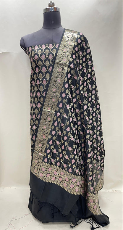 Faishana Presents Black Semi Katan Silk 3 pcs Suit Set with Plain Bottom and Top Floral Minakari Zari Booti with Stripe Mina Black Dupatta ASD_111