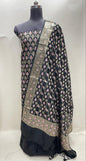 Faishana Presents Black Semi Katan Silk 3 pcs Suit Set with Plain Bottom and Top Floral Minakari Zari Booti with Stripe Mina Black Dupatta ASD_111