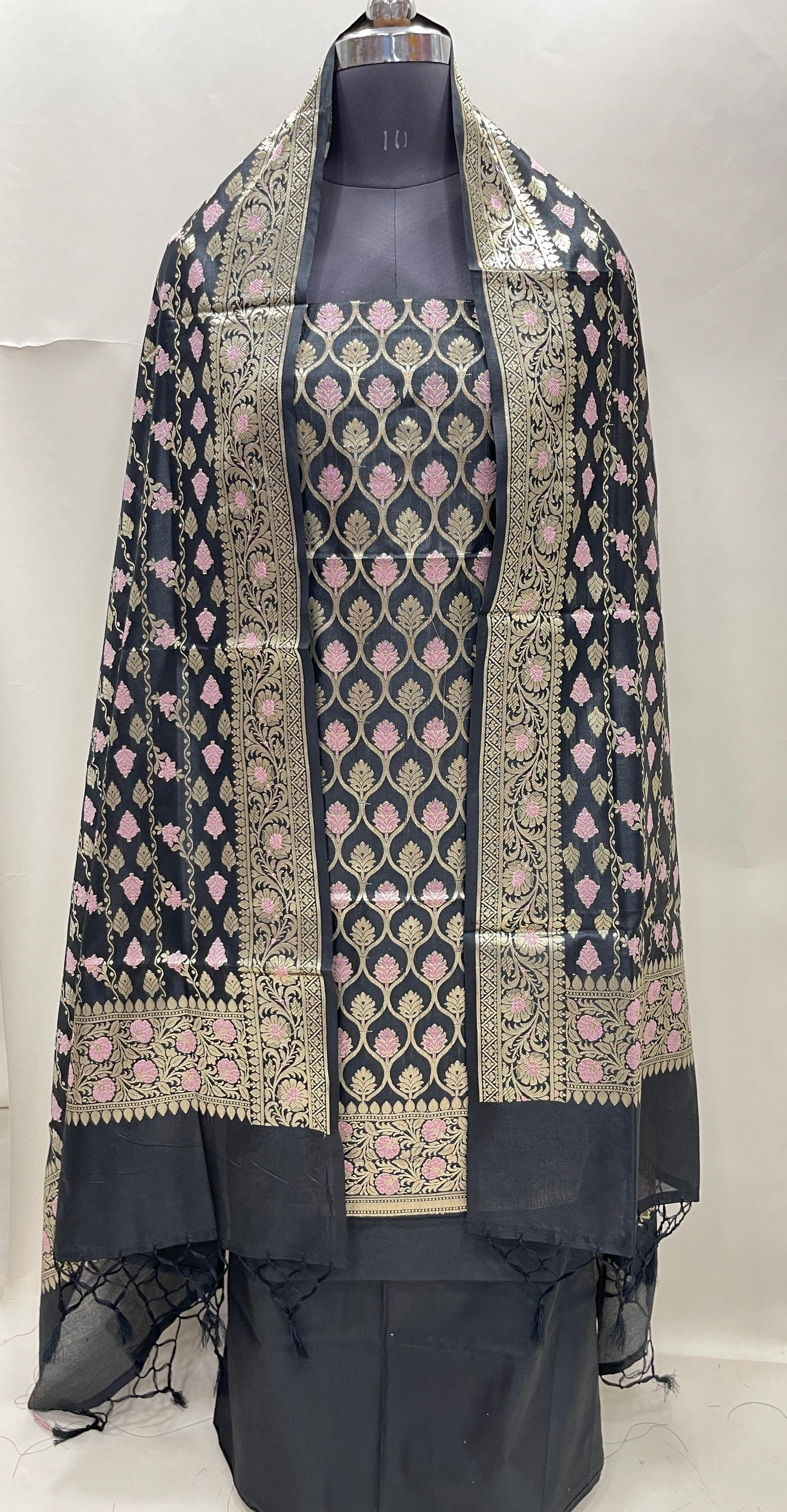 Faishana Presents Black Semi Katan Silk 3 pcs Suit Set with Plain Bottom and Top Floral Minakari Zari Booti with Stripe Mina Black Dupatta ASD_111