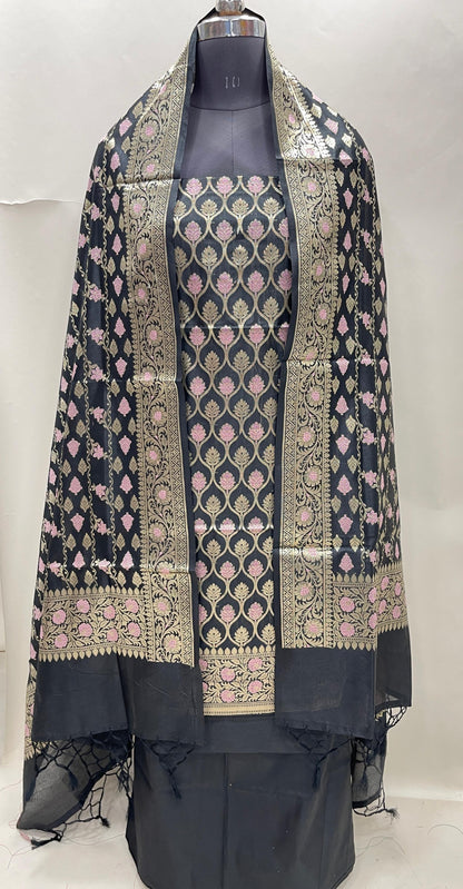 Faishana Presents Black Semi Katan Silk 3 pcs Suit Set with Plain Bottom and Top Floral Minakari Zari Booti with Stripe Mina Black Dupatta ASD_111