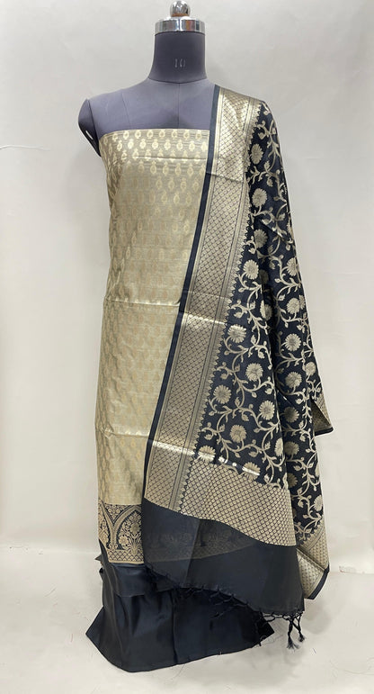 Faishana Presents Olive Semi Katan Silk 3 pcs Suit Set with Contrast Black Plain Bottom and Top Floral Zari Booti with Alfi Jaal Black Dupatta ASD_112