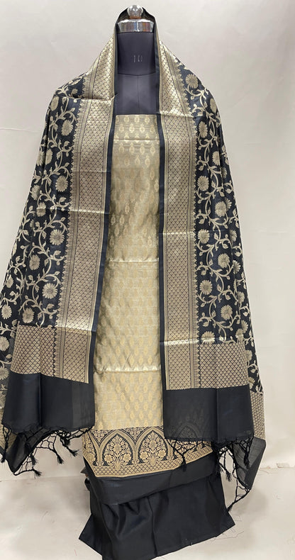 Faishana Presents Olive Semi Katan Silk 3 pcs Suit Set with Contrast Black Plain Bottom and Top Floral Zari Booti with Alfi Jaal Black Dupatta ASD_112