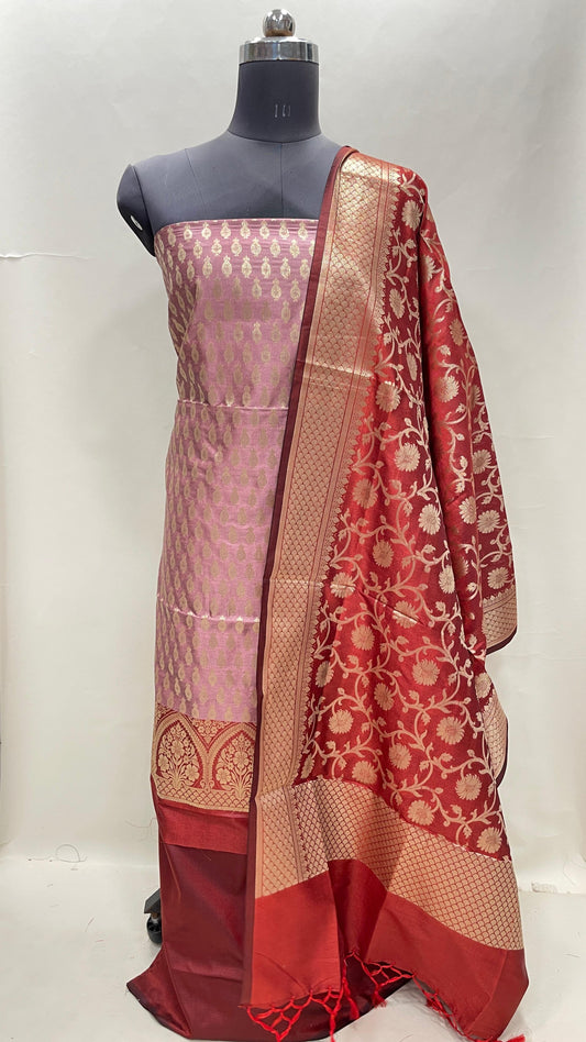 Faishana Presents Baby Pink Semi Katan Silk 3 pcs Suit Set with Contrast Red Plain Bottom and Top Floral Zari Booti with Alfi Jaal Red Dupatta ASD_113