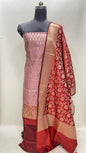 Faishana Presents Baby Pink Semi Katan Silk 3 pcs Suit Set with Contrast Red Plain Bottom and Top Floral Zari Booti with Alfi Jaal Red Dupatta ASD_113