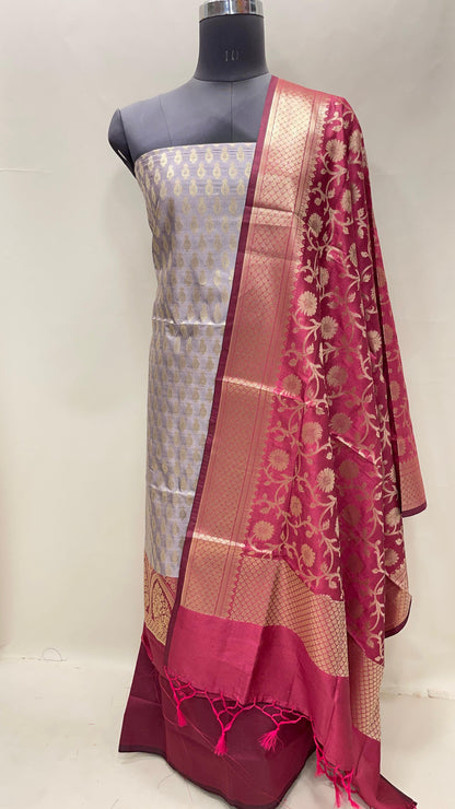 Faishana Presents Baby Pink Semi Katan Silk 3 pcs Suit Set with Contrast Red Plain Bottom and Top Floral Zari Booti with Alfi Jaal Red Dupatta ASD_113