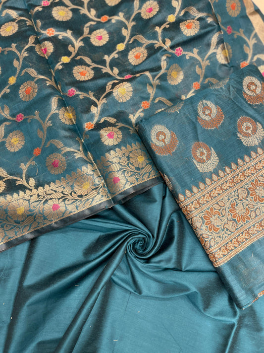 Dark seagreen cotton suit with floral zari resham mina bootis and jaal dupatta. SHL_12