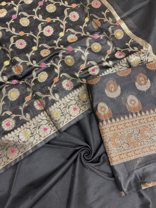 Black cotton suit with floral zari resham mina bootis and jaal dupatta. SHL_14