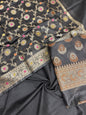 Black cotton suit with floral zari resham mina bootis and jaal dupatta. SHL_14