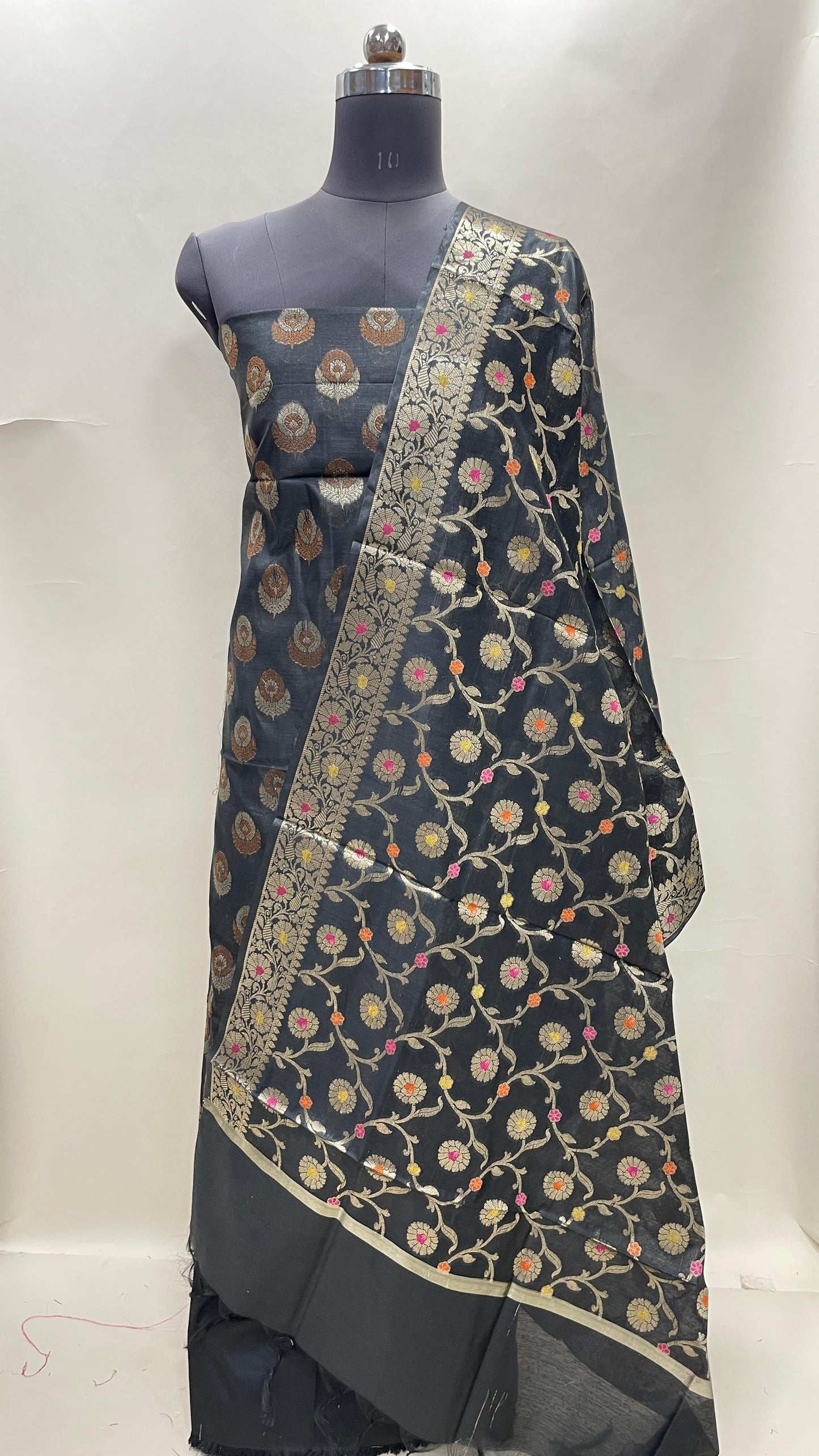 Black cotton suit with floral zari resham mina bootis and jaal dupatta. SHL_14