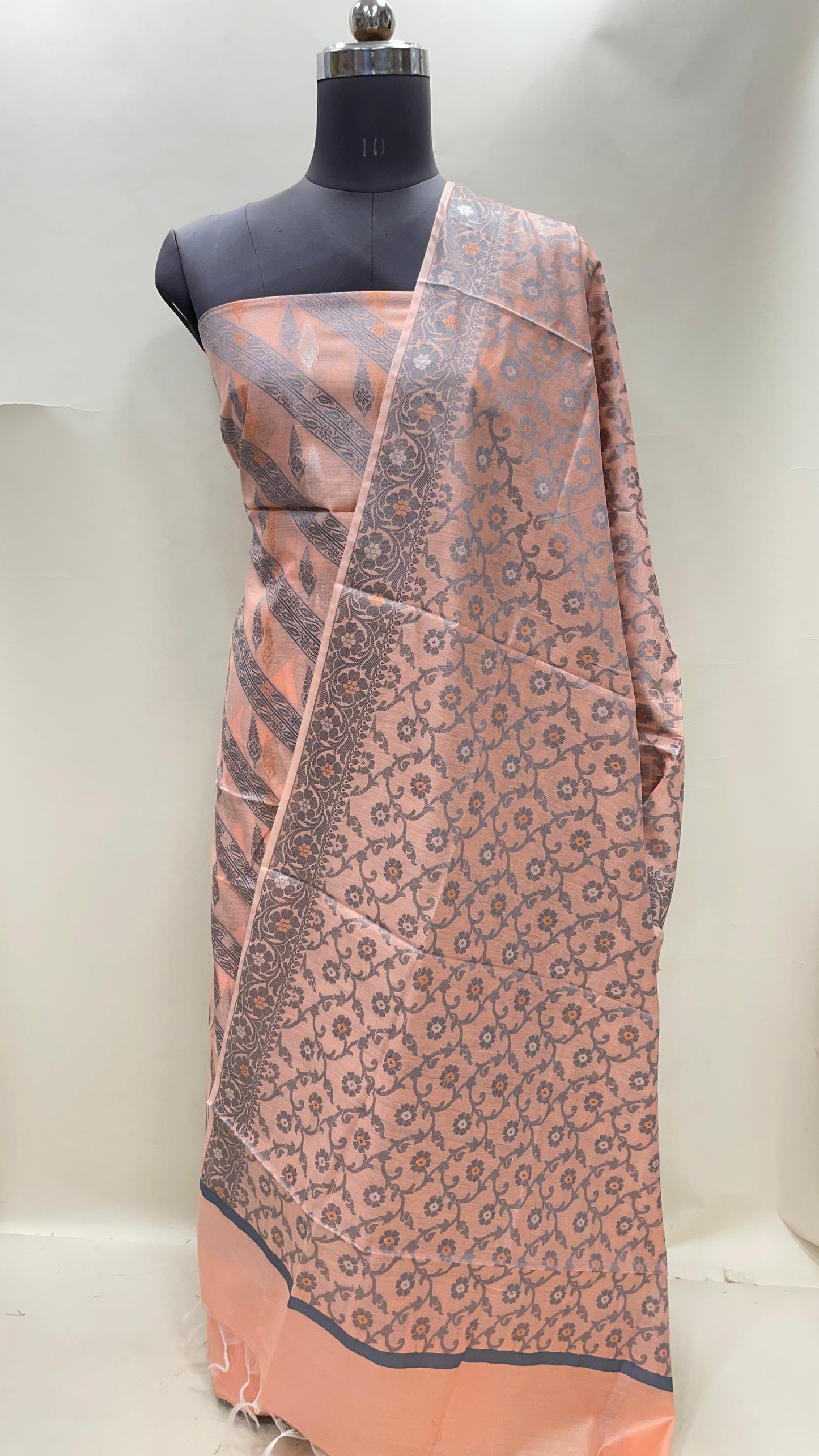 Peach cotton suit featuring diagonal resham stripes and tilfi jaal dupatta. SHL_17
