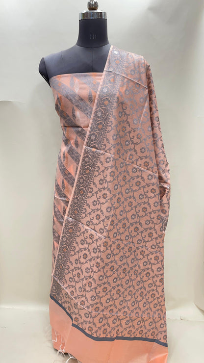 Peach cotton suit featuring diagonal resham stripes and tilfi jaal dupatta. SHL_17