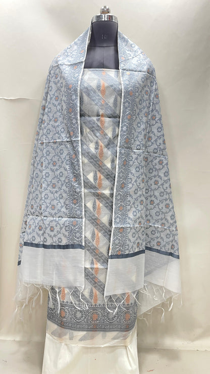 Ivory white cotton suit with diagonal resham stripes and tilfi jaal dupatta. SHL_18