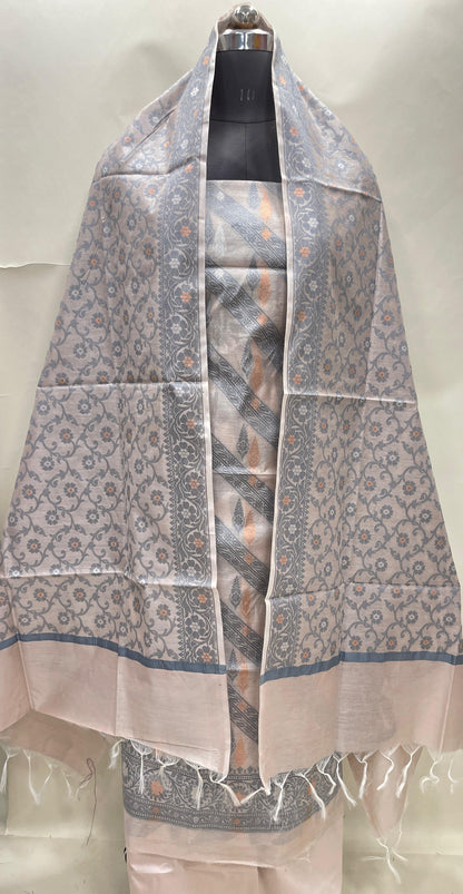 Light mauve cotton suit featuring diagonal resham stripes and tilfi jaal dupatta. SHL_19