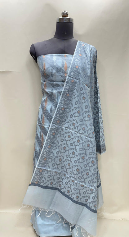 Light grey cotton suit set with diagonal stripes and tilfi jaal dupatta. SHL_20
