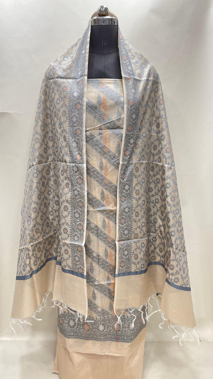 Beige cotton suit set with diagonal resham stripes and tilfi jaal dupatta. SHL_21