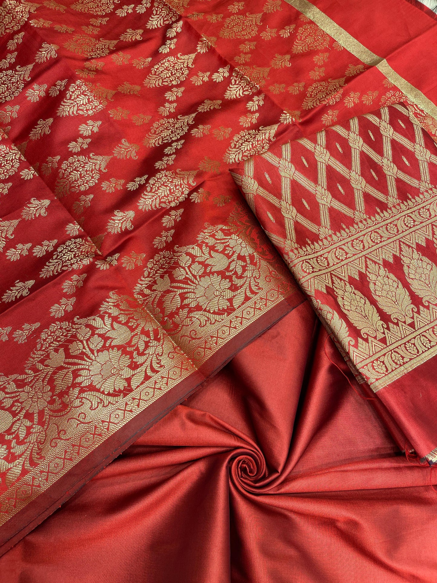 Red art silk suit set with diagonal zari stripes and matching dupatta. SHL_55
