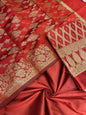Red art silk suit set with diagonal zari stripes and matching dupatta. SHL_55