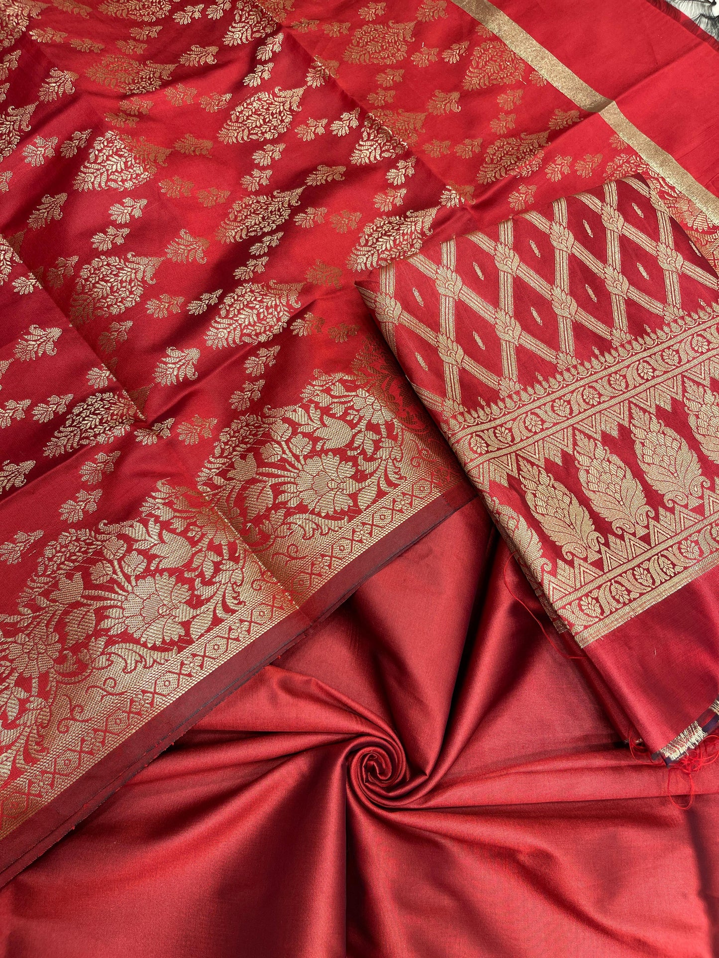 Red art silk suit set with diagonal zari stripes and matching dupatta. SHL_55