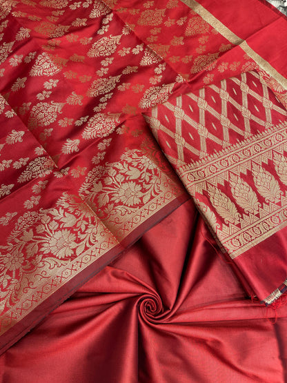 Red art silk suit set with diagonal zari stripes and matching dupatta. SHL_55