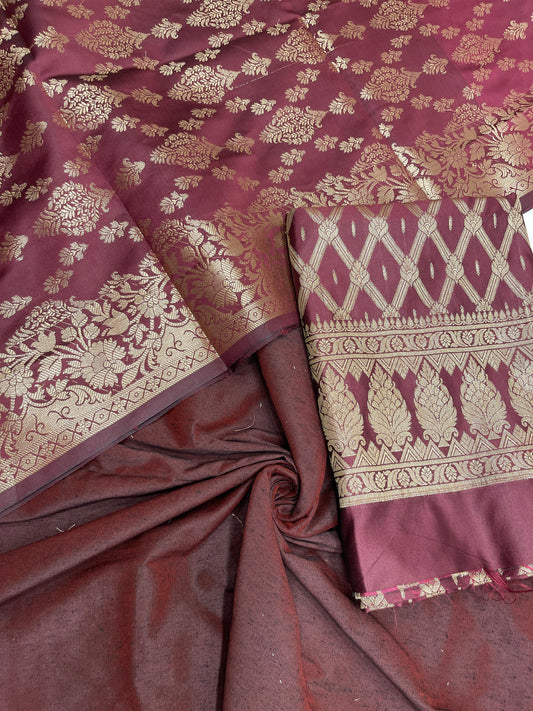 Burgundy art silk suit set with diagonal zari stripes and matching dupatta. SHL_53