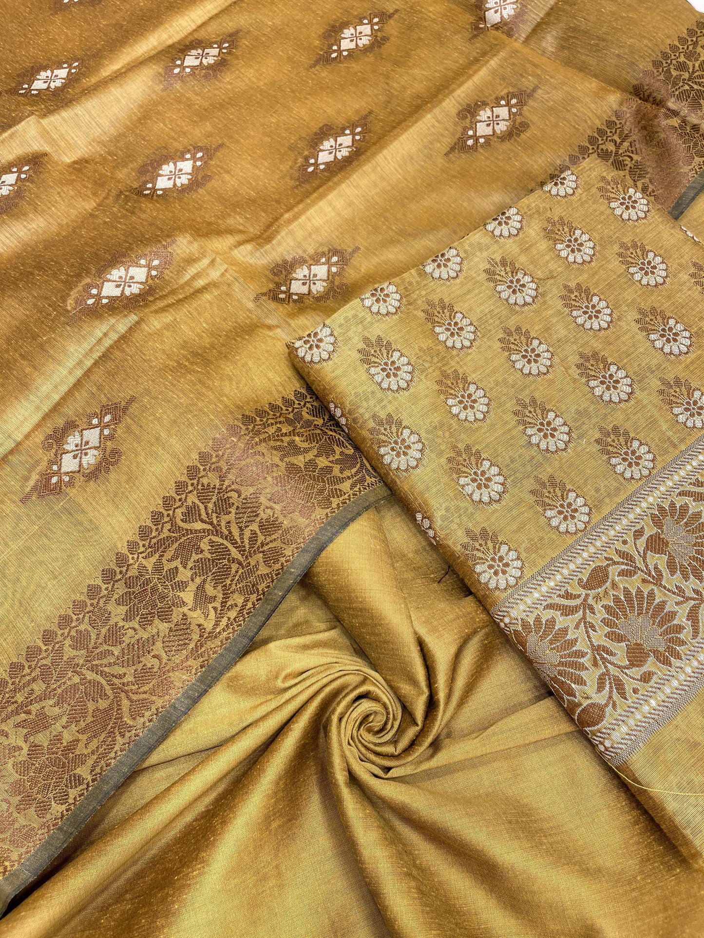 Gold cotton suit set with floral resham mina bootis and matching dupatta. SHL_23