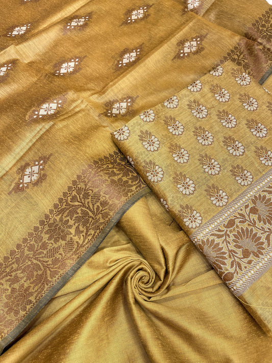 Gold cotton suit set with floral resham mina bootis and matching dupatta. SHL_23