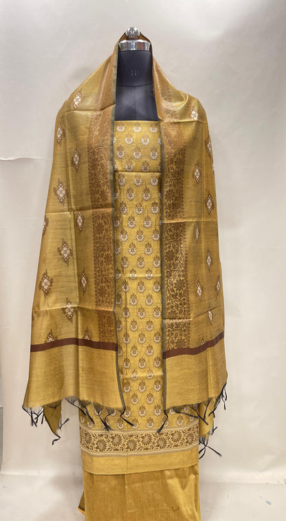 Gold cotton suit set with floral resham mina bootis and matching dupatta. SHL_23