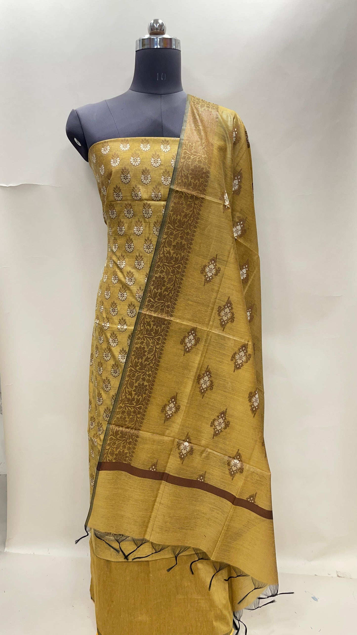 Gold cotton suit set with floral resham mina bootis and matching dupatta. SHL_23