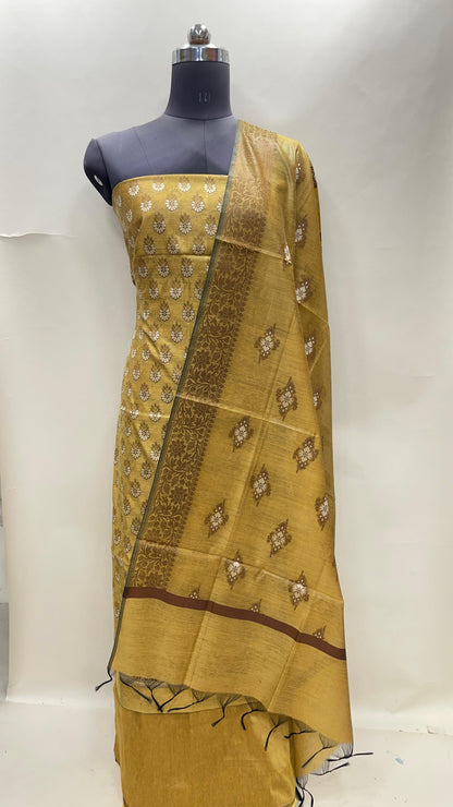 Gold cotton suit set with floral resham mina bootis and matching dupatta. SHL_23