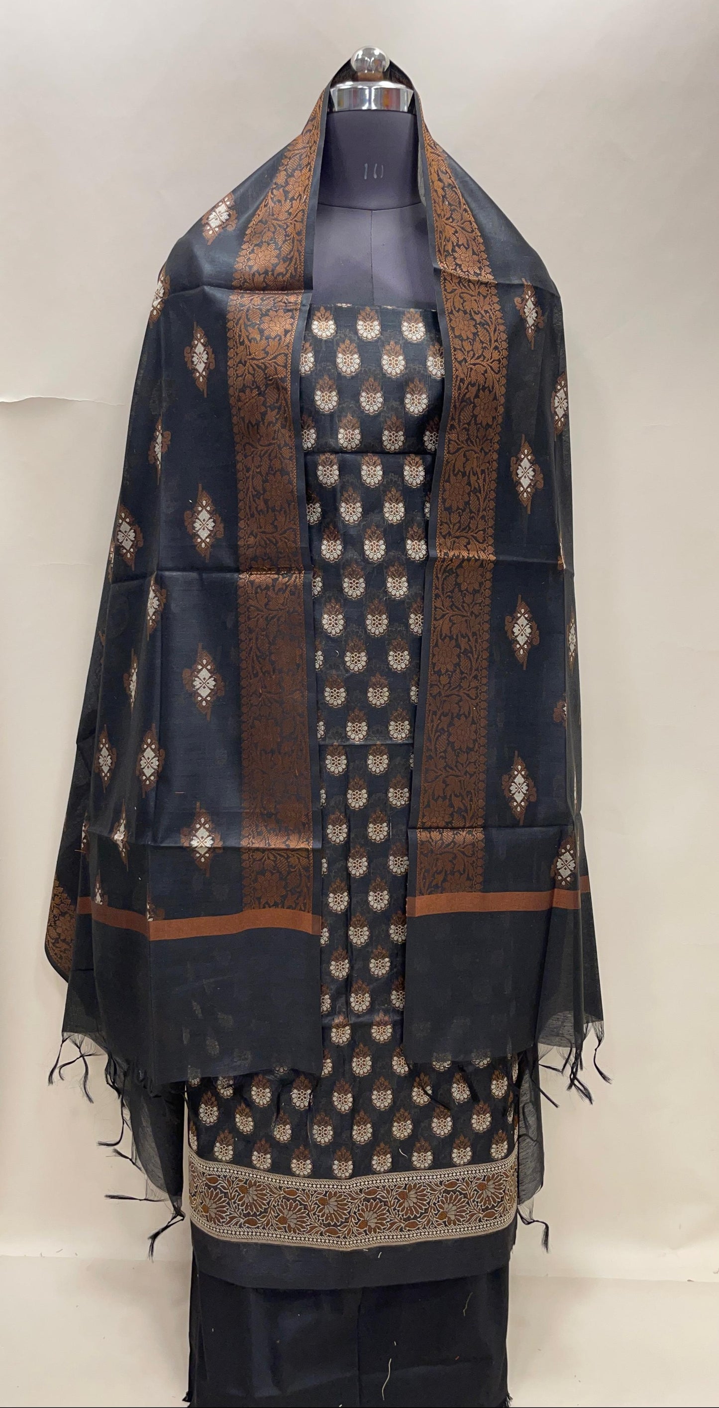 Black cotton suit set featuring floral resham mina bootis and matching dupatta. SHL_25