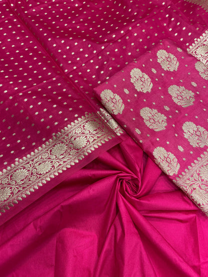 Pink semi-georgette suit set featuring floral silver zari bootis and matching dupatta. SHL_41