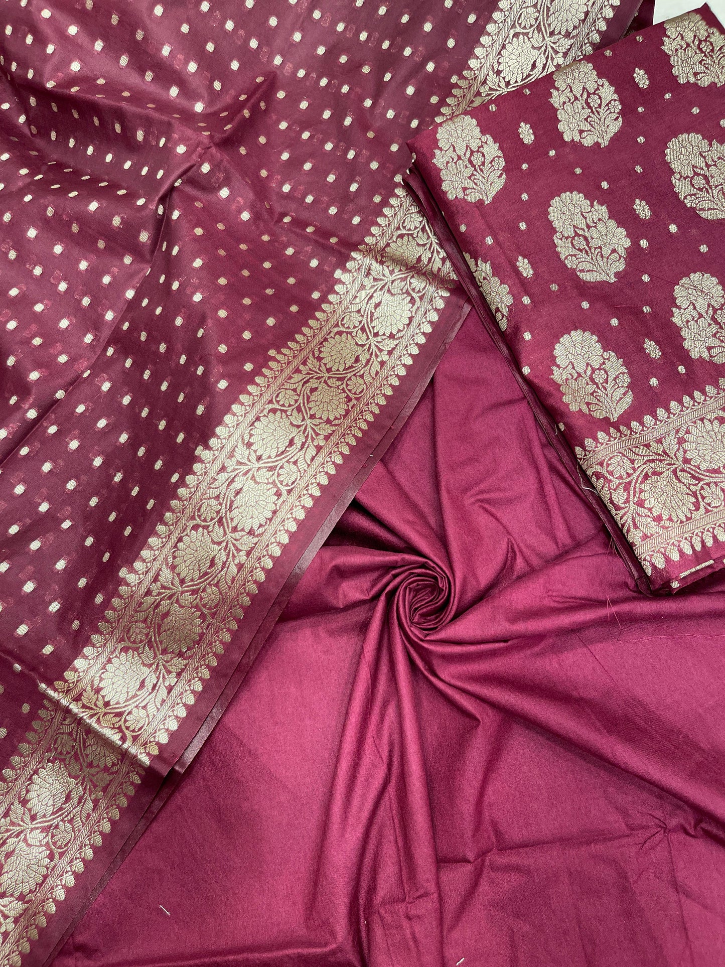 Wine semi-georgette suit set with floral silver zari bootis and matching dupatta. SHL_40