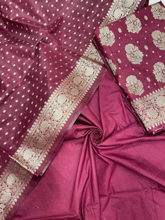Wine semi-georgette suit set with floral silver zari bootis and matching dupatta. SHL_40