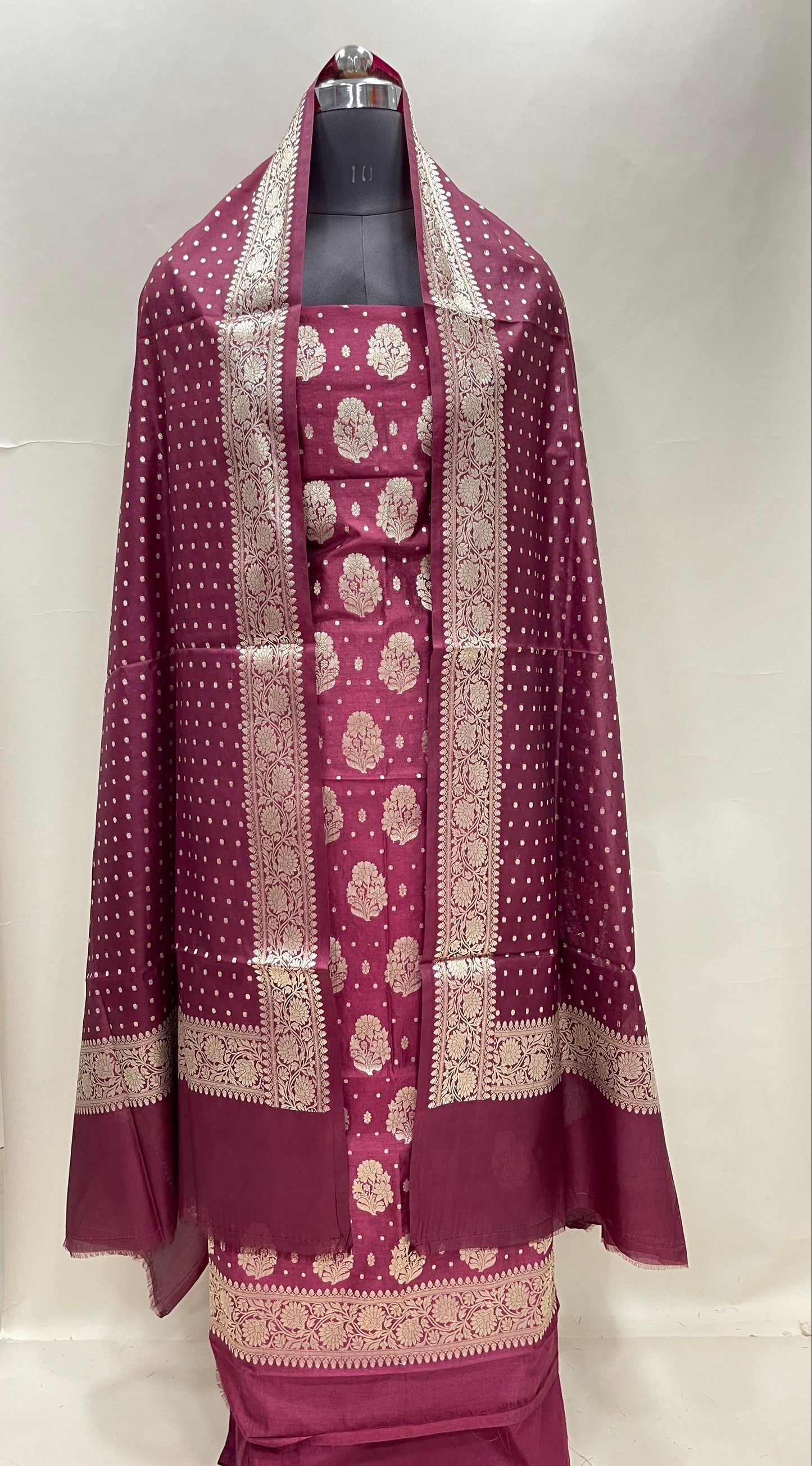 Wine semi-georgette suit set with floral silver zari bootis and matching dupatta. SHL_40
