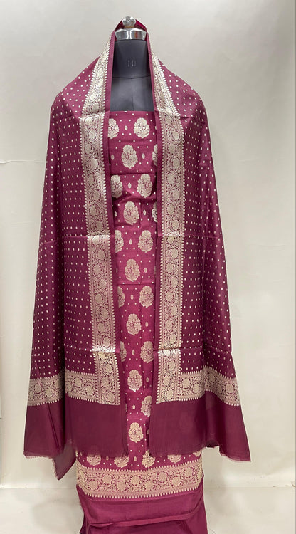 Wine semi-georgette suit set with floral silver zari bootis and matching dupatta. SHL_40
