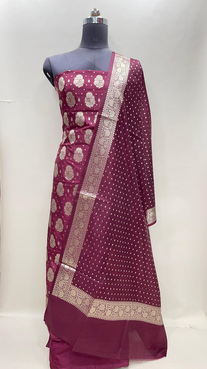 Wine semi-georgette suit set with floral silver zari bootis and matching dupatta. SHL_40