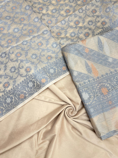 Beige cotton suit set with diagonal resham stripes and tilfi jaal dupatta. SHL_21