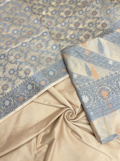 Beige cotton suit set with diagonal resham stripes and tilfi jaal dupatta. SHL_21