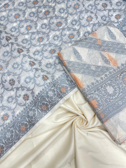 Ivory white cotton suit with diagonal resham stripes and tilfi jaal dupatta. SHL_18