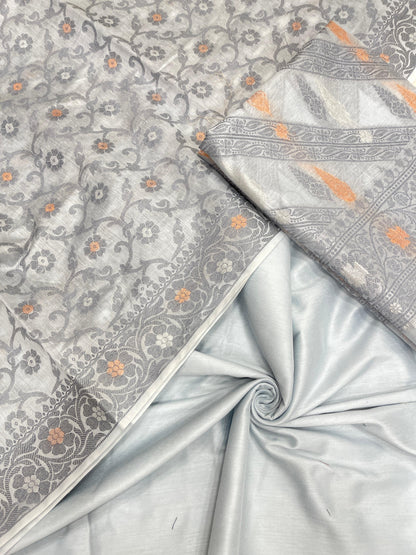 Light grey cotton suit set with diagonal stripes and tilfi jaal dupatta. SHL_20