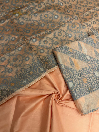 Peach cotton suit featuring diagonal resham stripes and tilfi jaal dupatta. SHL_17