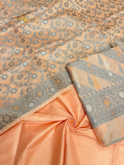 Peach cotton suit featuring diagonal resham stripes and tilfi jaal dupatta. SHL_17