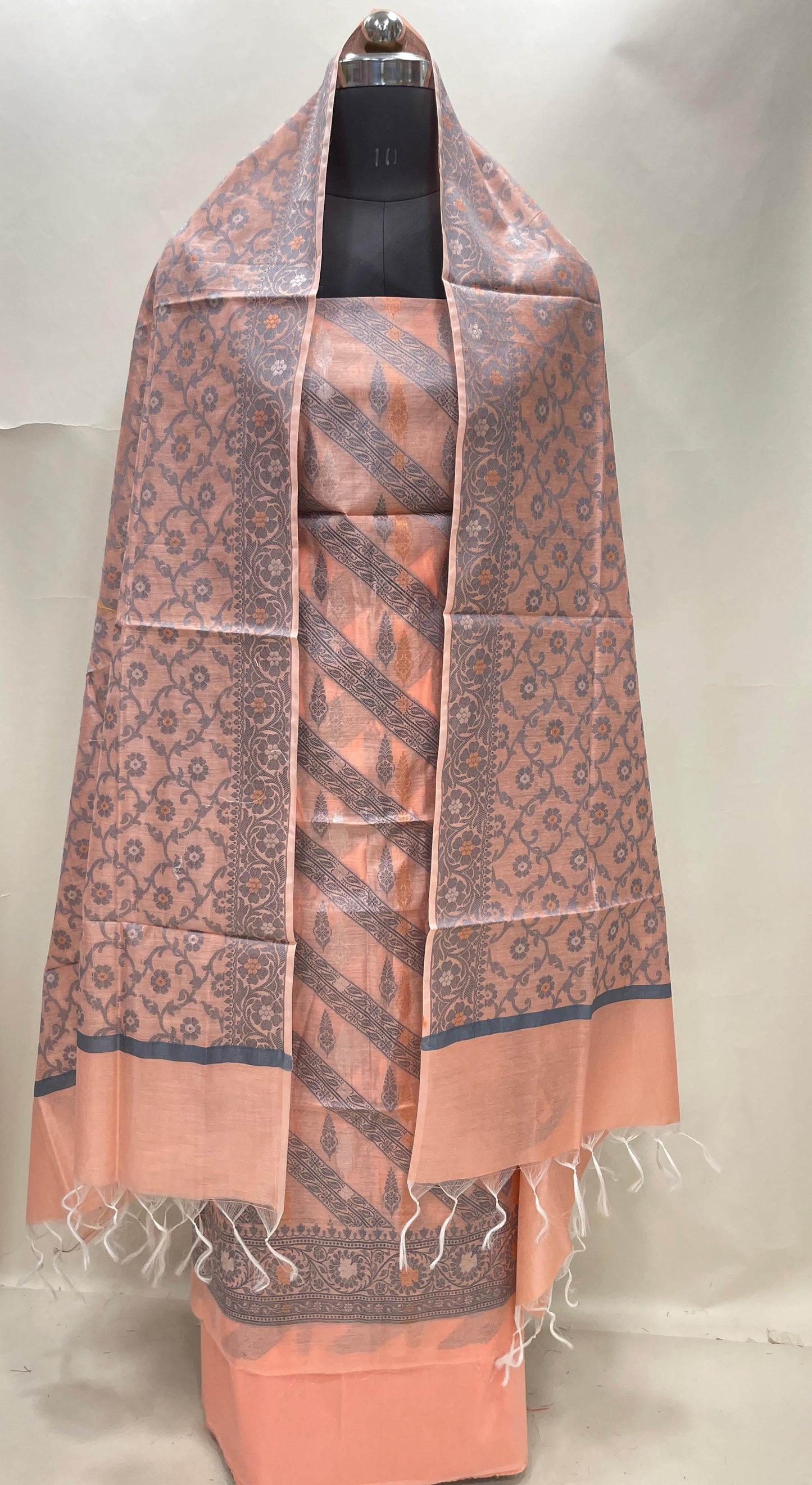 Peach cotton suit featuring diagonal resham stripes and tilfi jaal dupatta. SHL_17