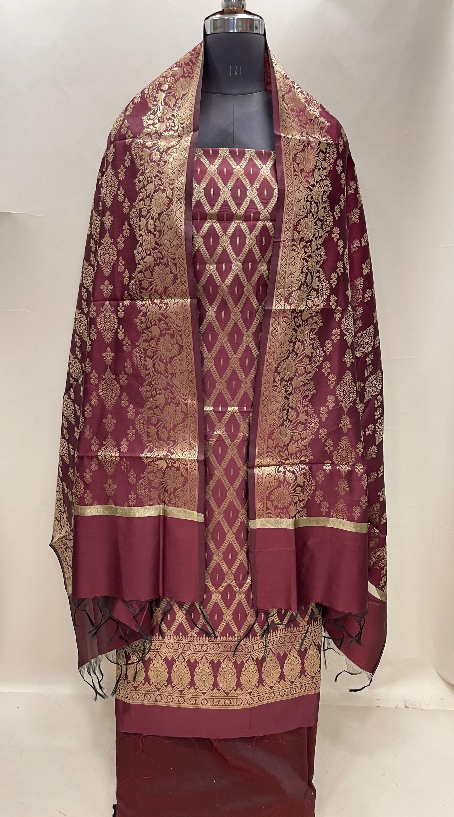 Burgundy art silk suit set with diagonal zari stripes and matching dupatta. SHL_53