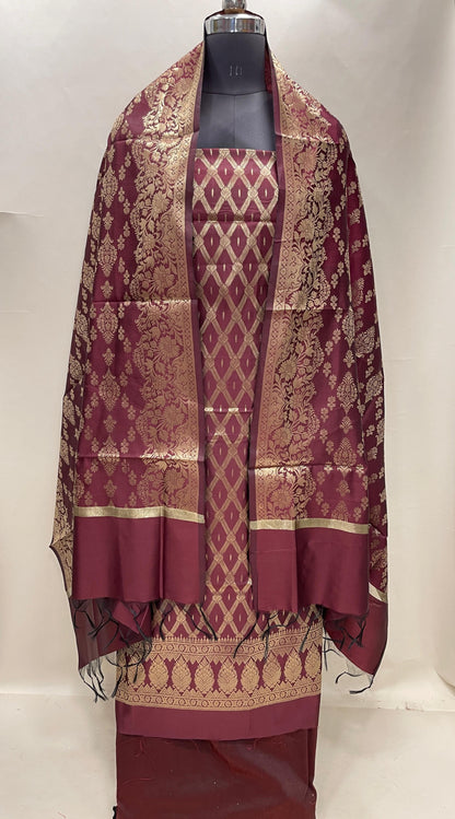 Burgundy art silk suit set with diagonal zari stripes and matching dupatta. SHL_53