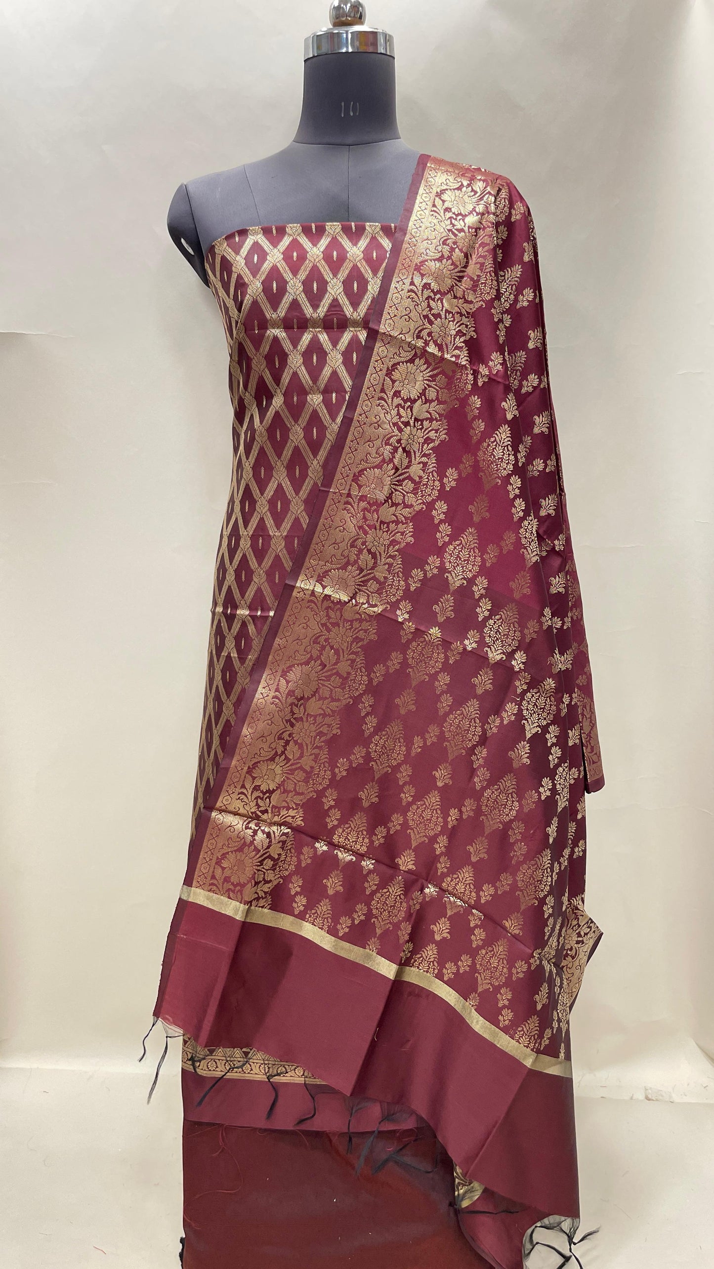Burgundy art silk suit set with diagonal zari stripes and matching dupatta. SHL_53