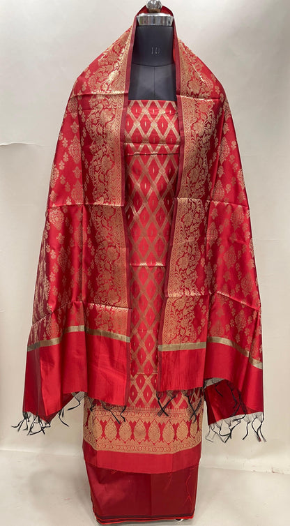 Red art silk suit set with diagonal zari stripes and matching dupatta. SHL_55