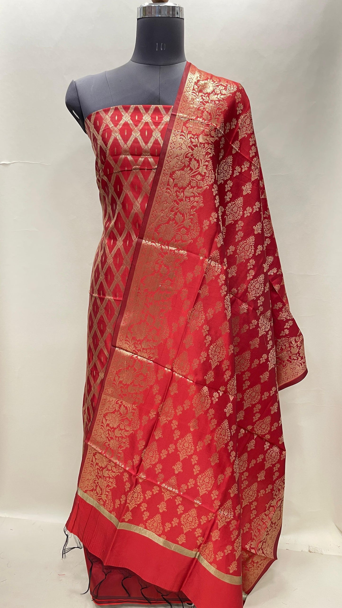 Red art silk suit set with diagonal zari stripes and matching dupatta. SHL_55