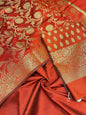 Red art silk suit set featuring floral zari bootis and matching dupatta. SHL_59
