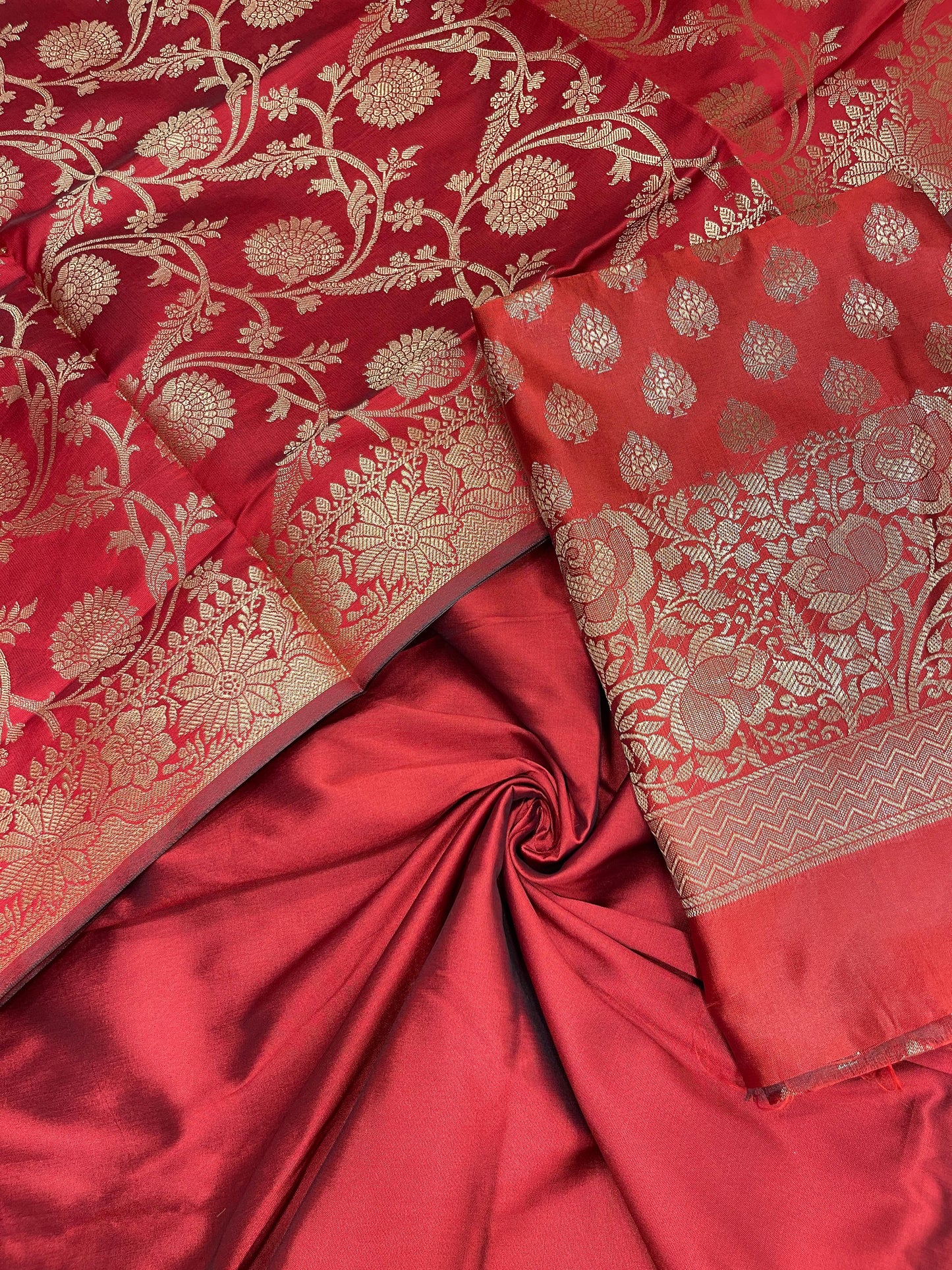 Red art silk suit set with floral zari bootas and matching dupatta. SHL_69